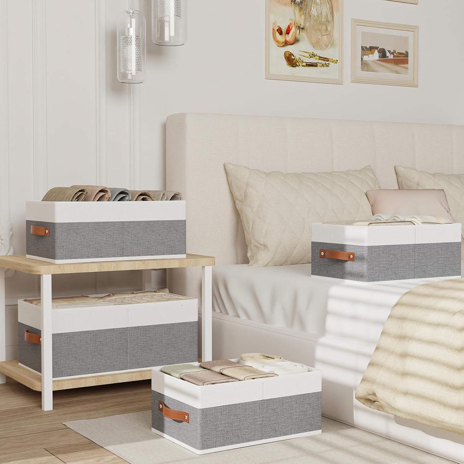 4 x Folding Storage Boxes with 2 Handles, Fabric Storage Box, Storage Box for Clothes, Grey – White, 33 x 23 x 14 cm - 3