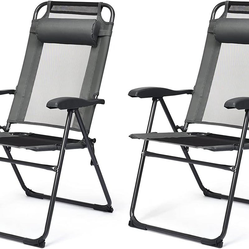 Zestaw 2 Krzeseł Ogrodowych z 7-Stopniową Regulacją Nachylenia, Składane Krzesło z Odpinanym Zagłówkiem i Szerokim Siedziskiem, Nośność 136 kg, Szary