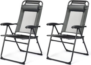 Lot de 2 Chaises de Jardin Inclinables à 7 Niveaux, Chaise Pliante avec Appui-tête Amovible & Siège Large,Charge 136 KG,Gris