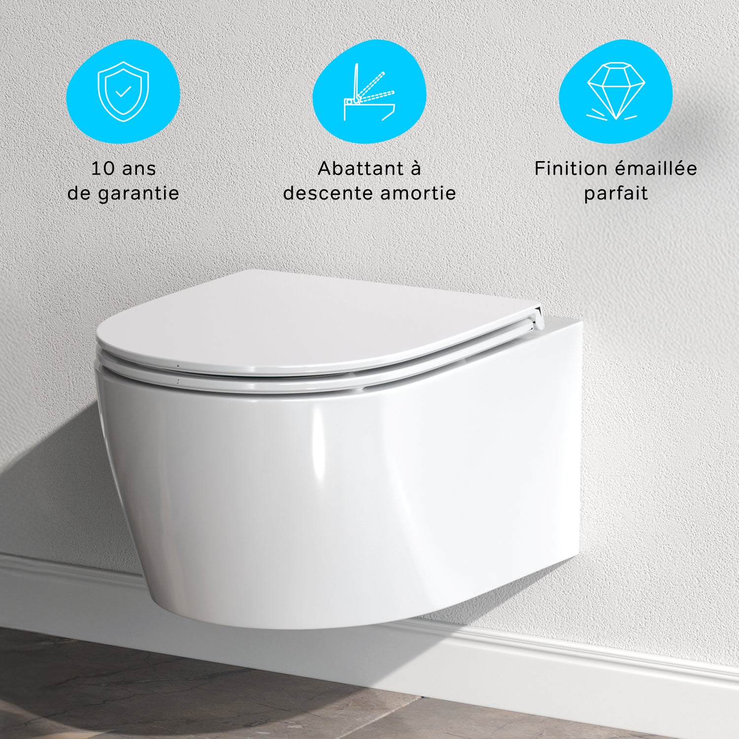 WC suspendu FlashClean sans rebord avec couvercle de siège