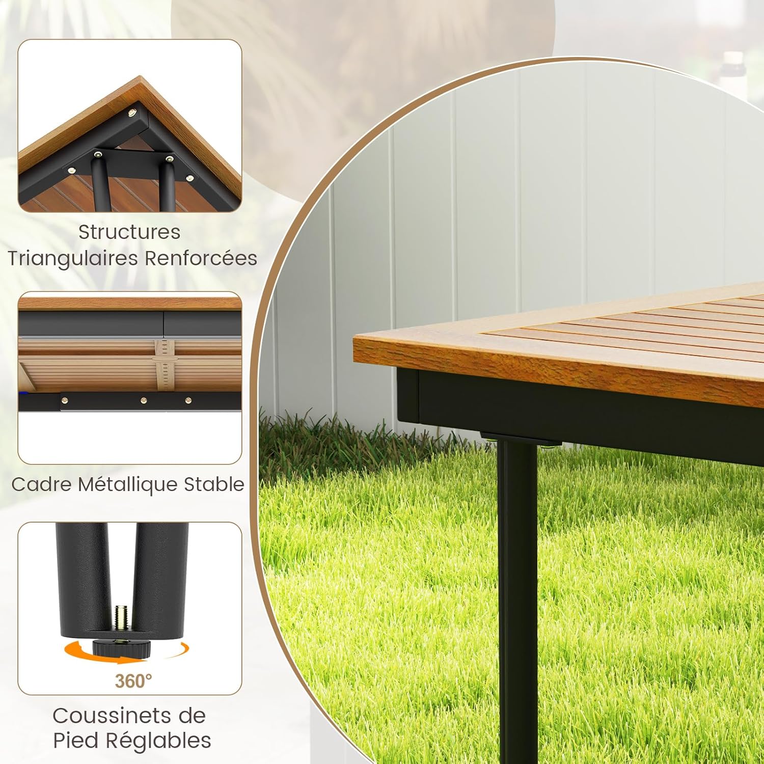 Table à Manger Extérieur en Bois d'Acacia-Certifié FSC pour 8 Personnes, Table de Jardin 200 x 90 cm Design Latte avec Trou φ5 cm pour Parasol - 6