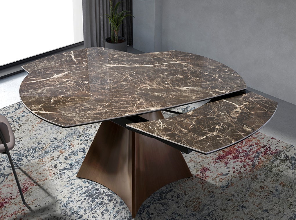 Table à manger à rallonge baril ovale marbre porcelaine et acier effet noyer Ø135 x 90 x 75 cm - 8