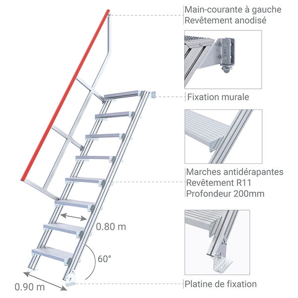 Escalier industriel 9 marches - Hauteur à franchir 2.25m - Inclinaison 60° - Main-courante à gauche - 22100809 - 3