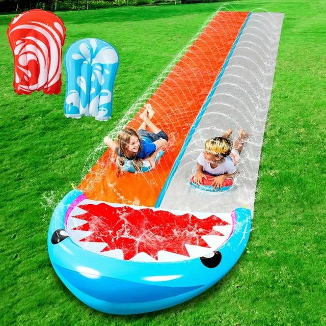 NICOLA Tobogán Acuático Tiburón Gigante 6,8m Doble Pista 2 Tablas Pulverización PVC Grueso Juego Agua Jardín Familia Verano Niños Diversión