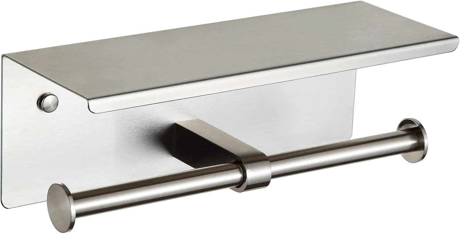 Uchwyt na papier toaletowy ze stali nierdzewnej z półkami, montowany na ścianie w łazience (szczotkowane srebro, dwustronny)