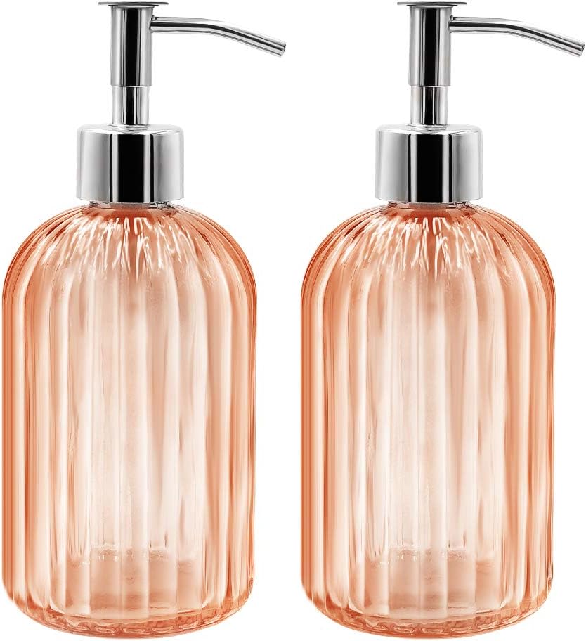 Zestaw 2 szklanych dozowników do mydła, dozownik do mydła w płynie 400 ml z pompką, uzupełniany balsam i dozownik do mydła (bursztynowy)