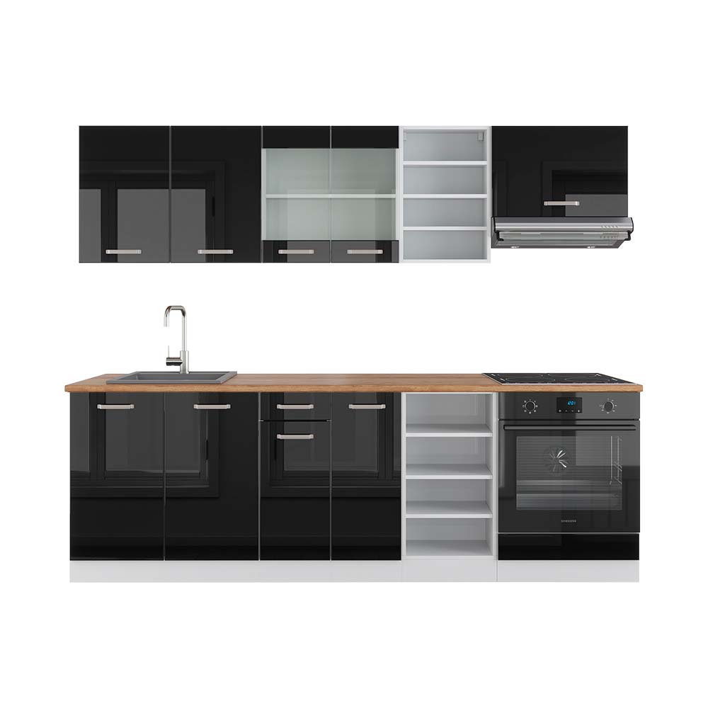 Vicco Zabudowa kuchenna R-Line, Czarny wysoki połysk/biały, 240 cm , BP Dąb