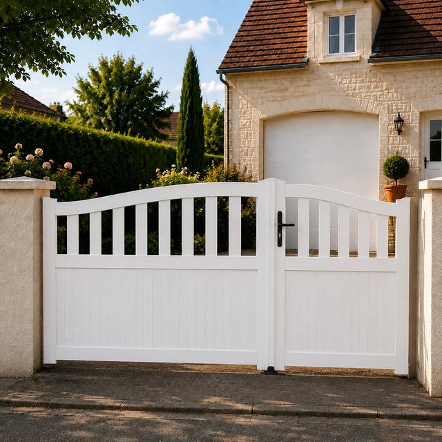 Portail battant manuel PVC blanc structure renforcée H 180 x L 250 cm HAMBOURG galbé