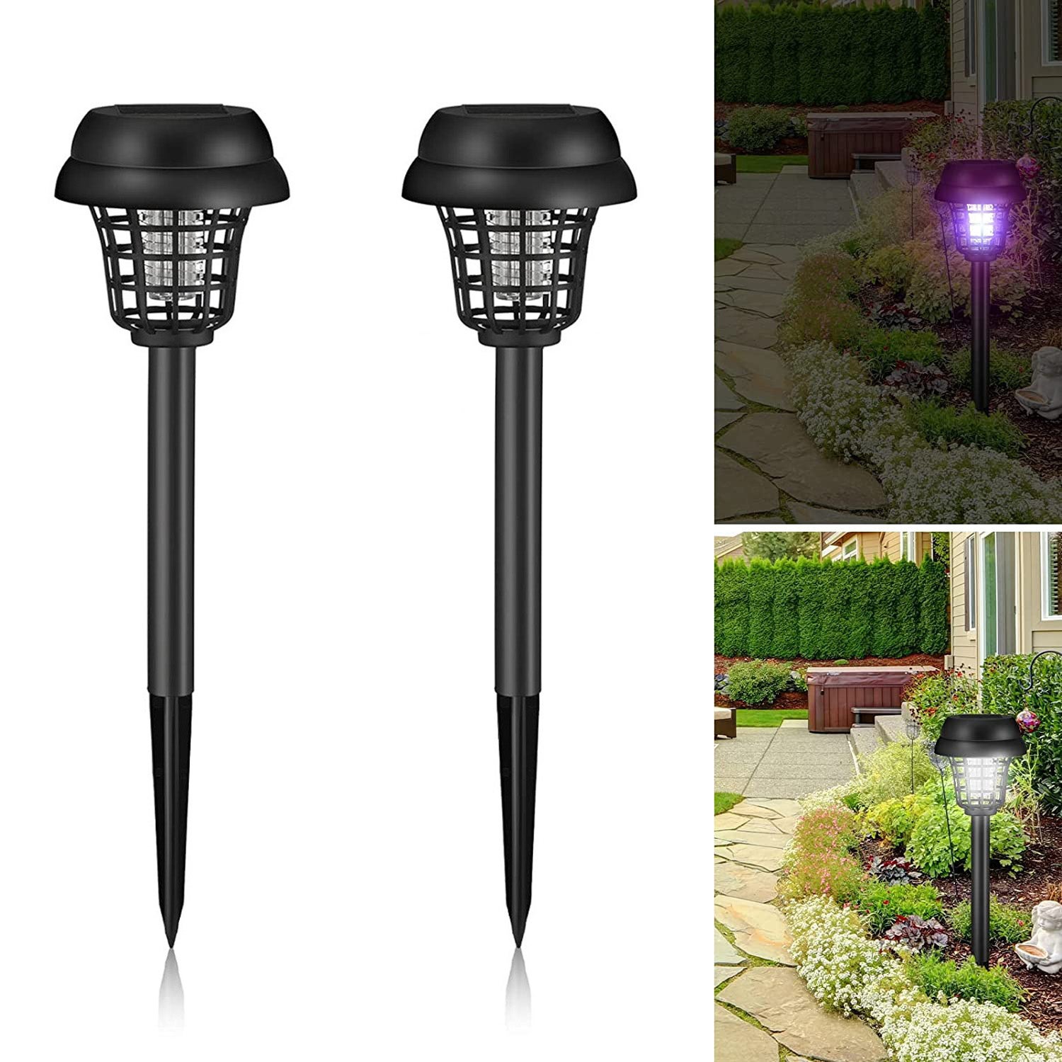 Zestaw 2 fioletowych lamp solarnych zewnętrznych, antykomarowych z wyładowaniem elektrycznym, LED-owych lamp ogrodowych przeciwko owadom, 35 x 10 cm