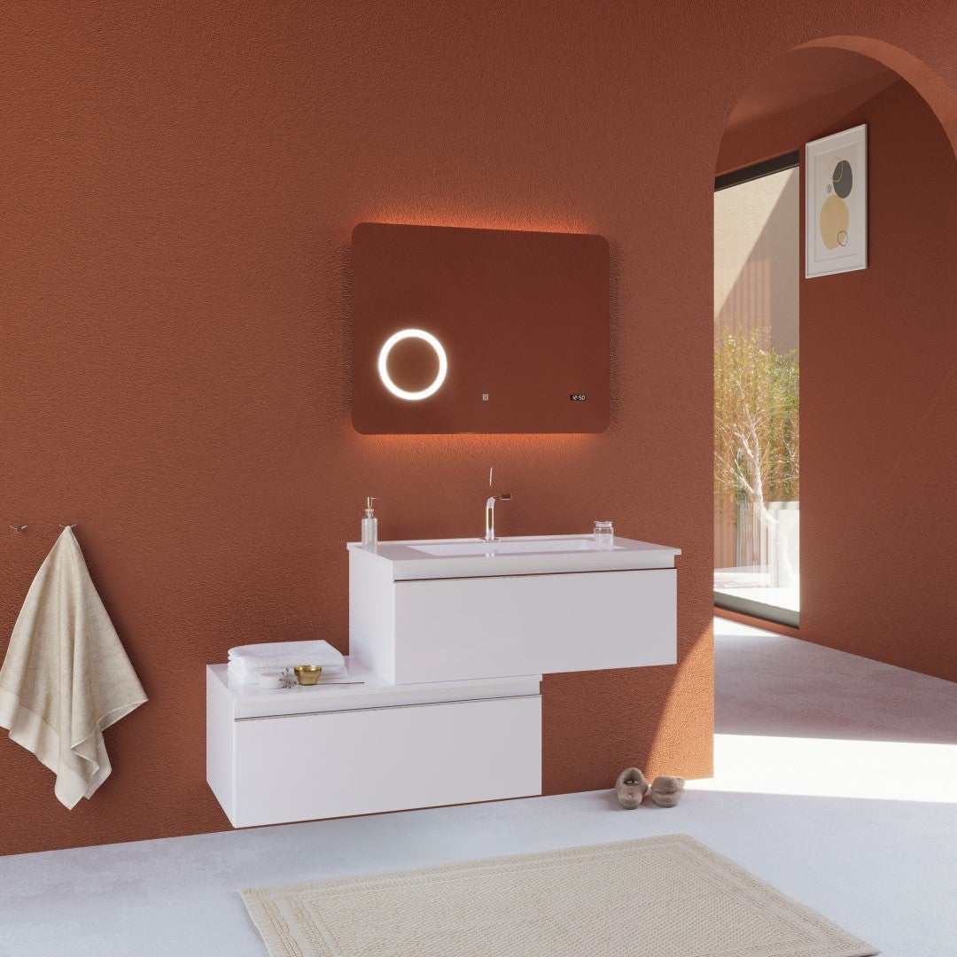Mueble de baño de 120cm blanco mate con cajón descentrado | seattle