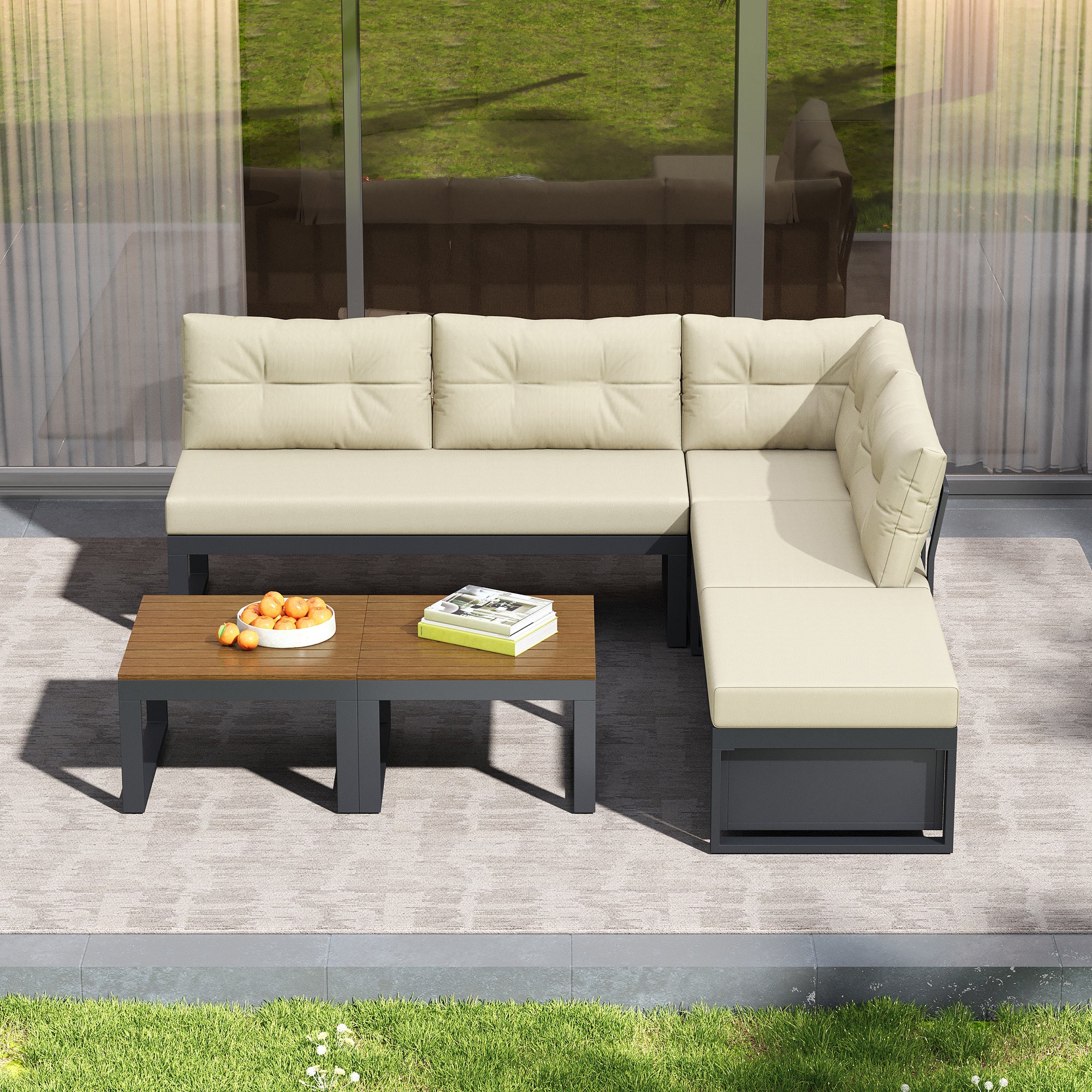 Ensemble de meubles de jardin avec dossier réglable en 4 positions et fonction inclinable, espace de rangement et tissu polyester - Beige - 3
