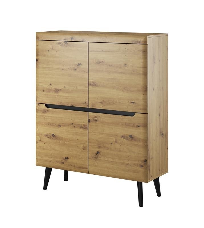 Komoda NODIS 107 cm dąb Artisan + czarne akcenty, 4 drzwi, 8 półek, na wysokich drewnianych nogach