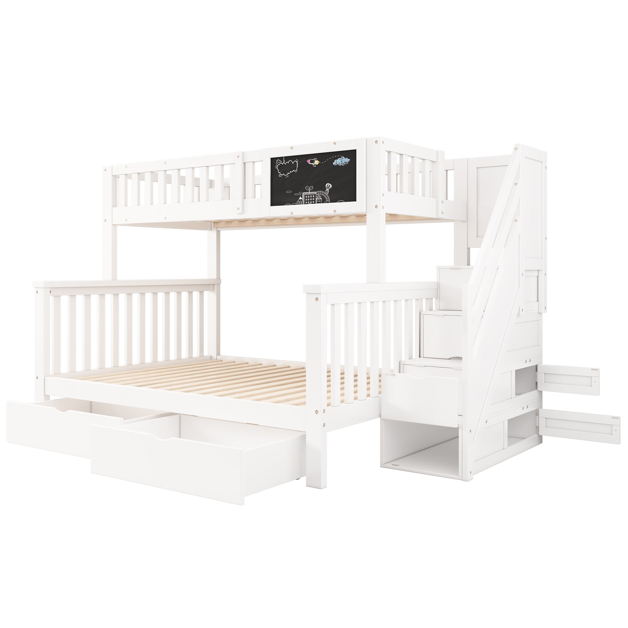 Lit superposé en pin massif avec tiroirs et escalier de rangement - 90x200cm + 140x200cm - Blanc - 4
