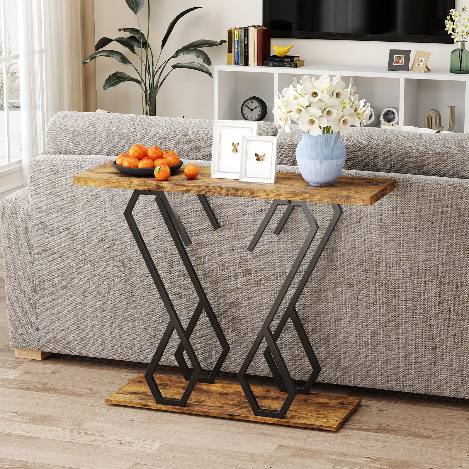 Stolik konsolowy, mebel do przedpokoju z półką, złota metalowa rama, zestaw zabezpieczający przed przewróceniem w zestawie, 100 x 30 x 80 cm, brązowy - 3