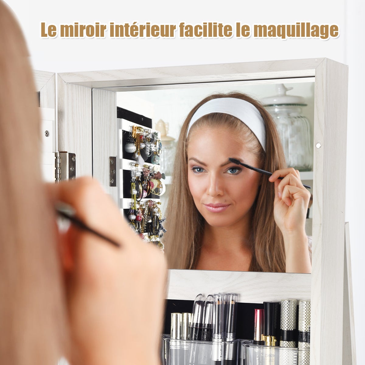 Armoire à Bijoux Pivotante à 360 Degrés sur Pieds,avec Grand Miroir Psyché et Etagère de Rangement à L’Arrière (Blanc) - 6