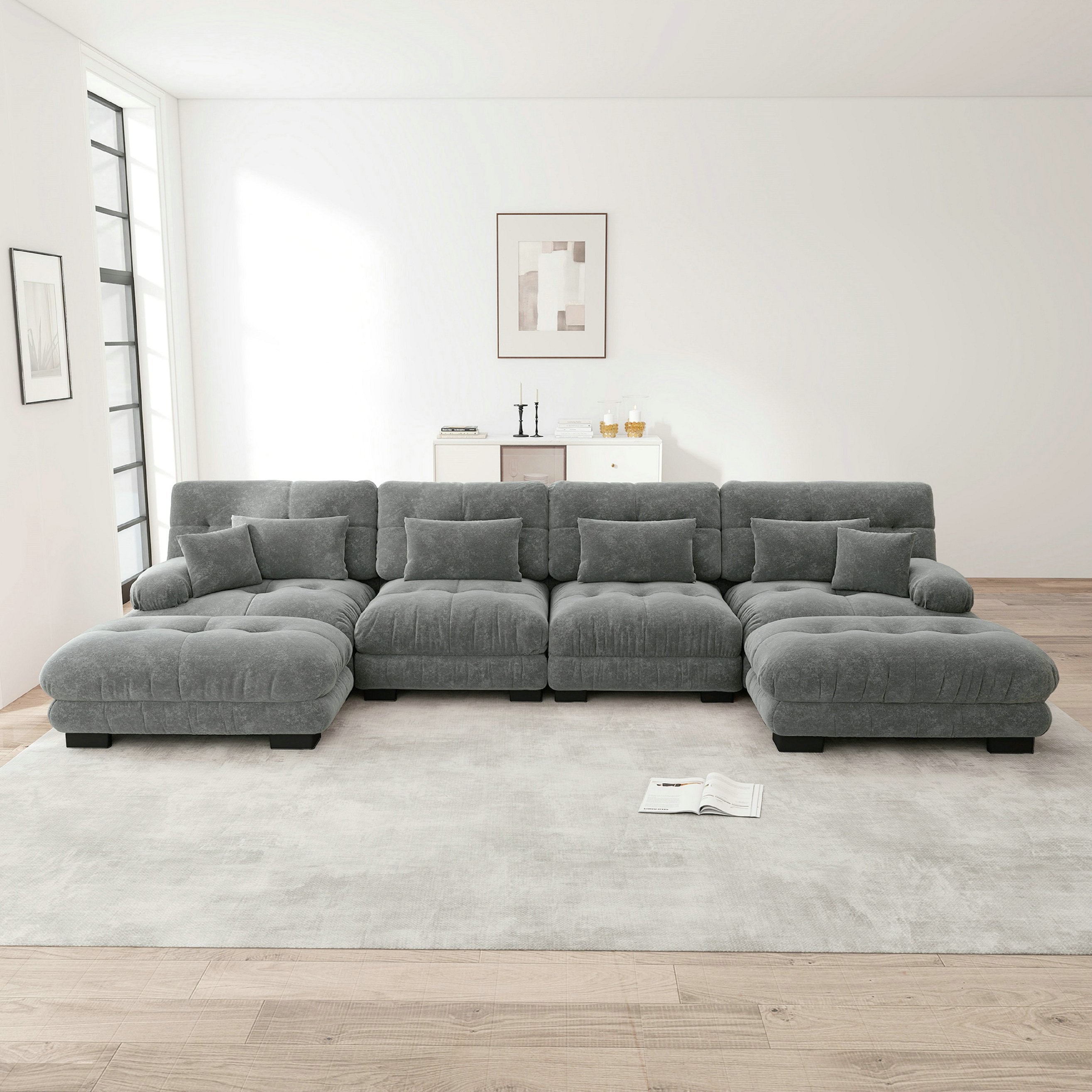 Canapé d\'angle modulable, ensemble de salon en forme de U 4 places Élégant - avec pouf amovible - chenille - gris - 2