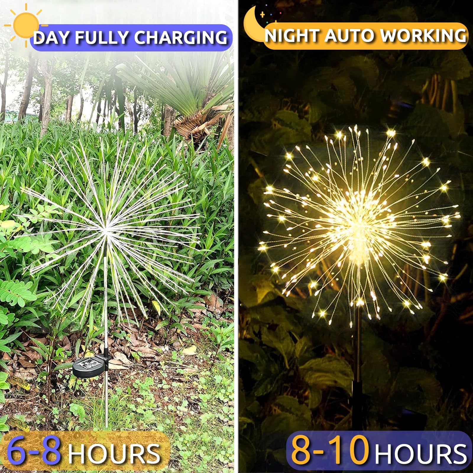 Lot de 2 lampes solaires extérieures 120 LED,effet feu d’artifice,IP65 étanche,8 modes d’éclairage,pour terrasse,jardin,chemins,décor blanc chaud - 6