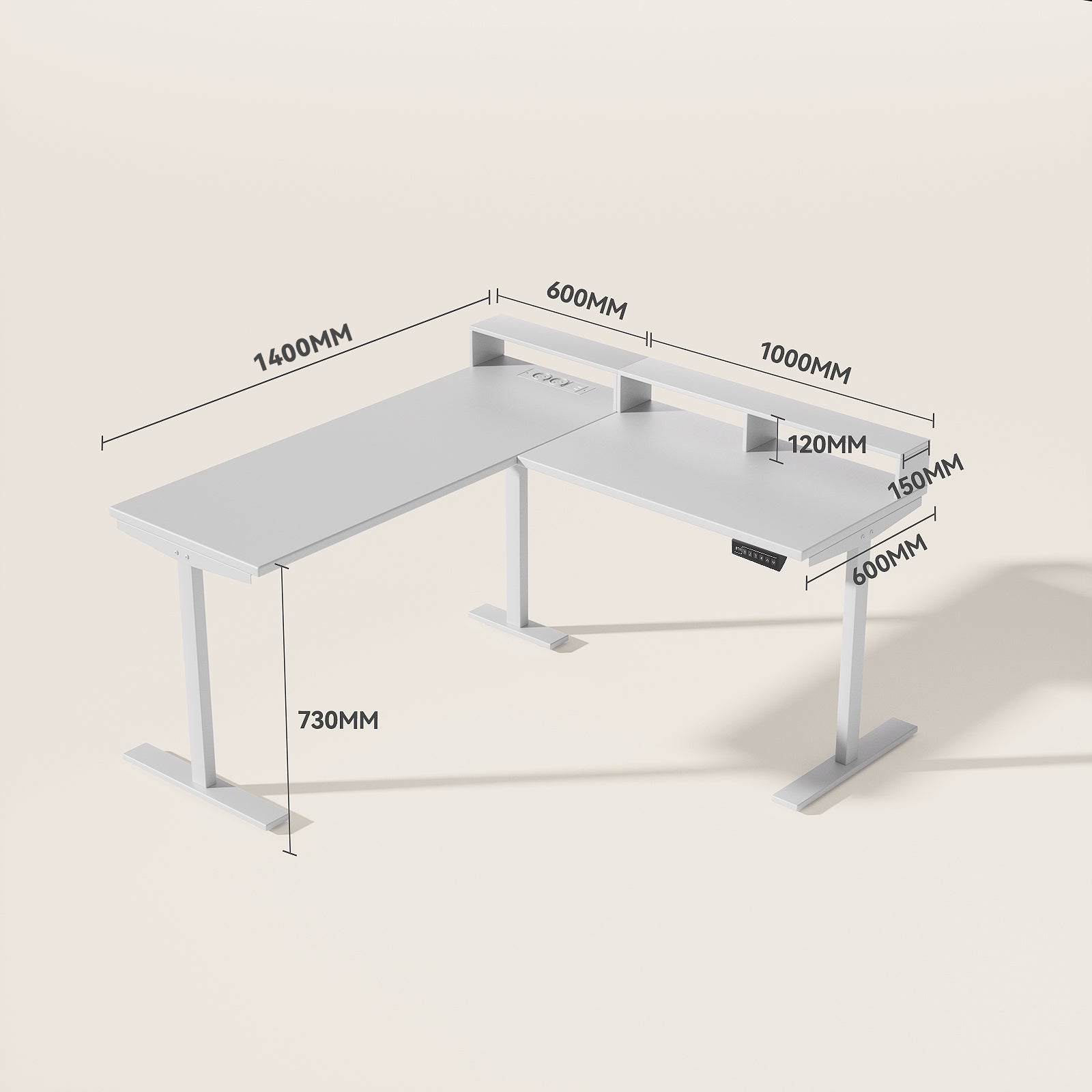 Bureau d'angle en L réglable en hauteur 160 x 140 cm – Bureau d’angle avec support écran, bureau électrique, L avec prises, blanc - 7