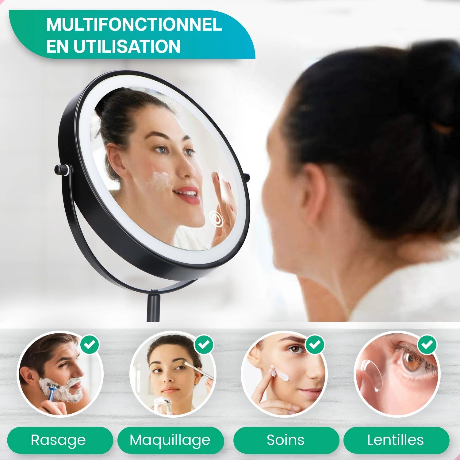 Mirlux Miroir de maquillage avec éclairage LED - Grossissement x10 - Hauteur réglable - 3 intensités lumineuses - Rechargeable - Noir - 6