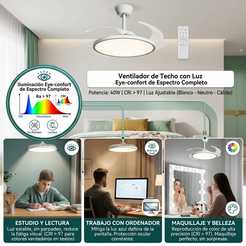 Ventilador de Techo LED Lámpara SLIM Ventilador con Motor DC 4 Aspas Retráctiles Ultra Silencioso 40W FLMFSD-8088 - 8