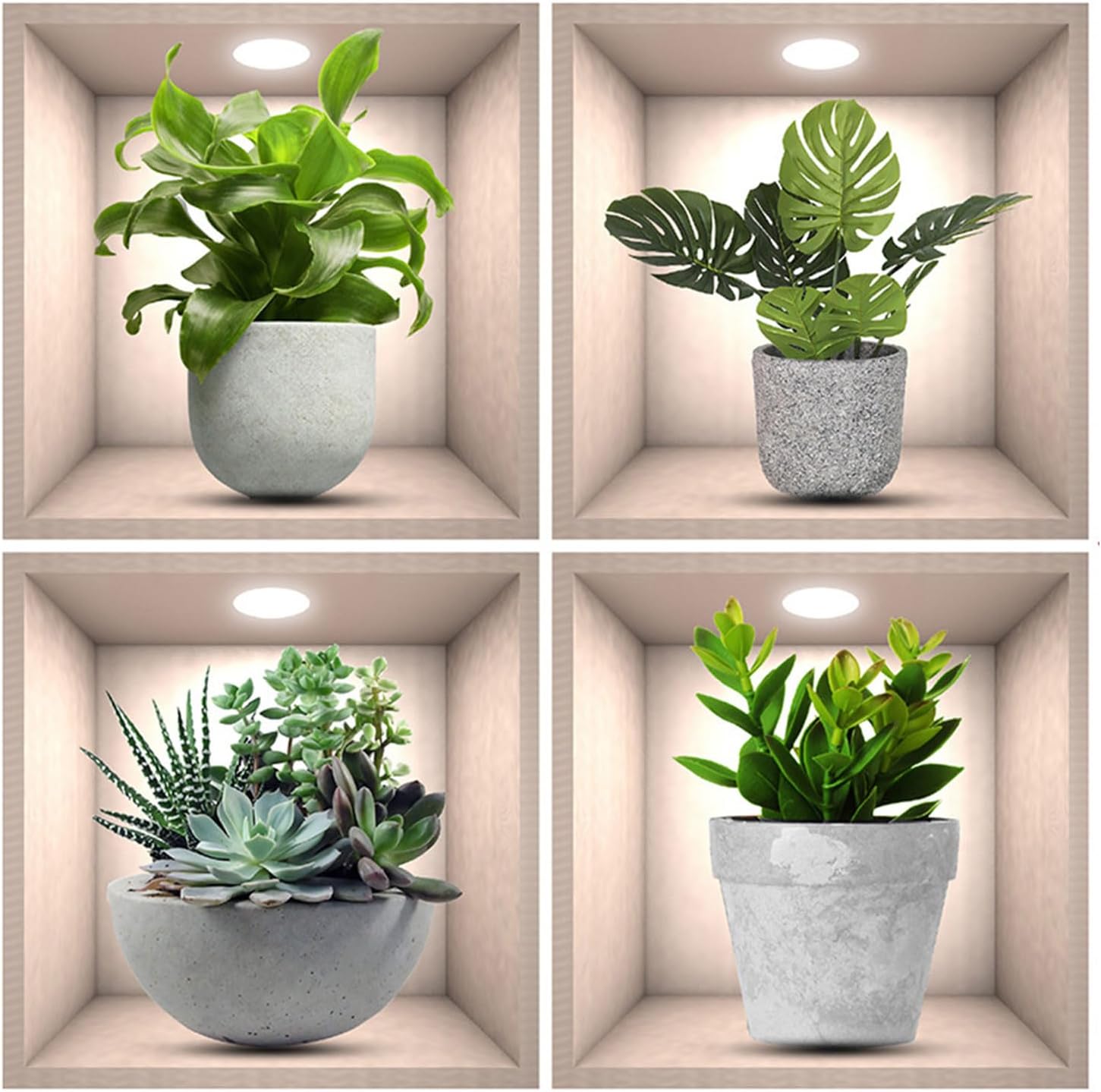 4 pegatinas de pared con plantas 3D, pegatinas de pared con plantas verdes y plantas en maceta 3D.