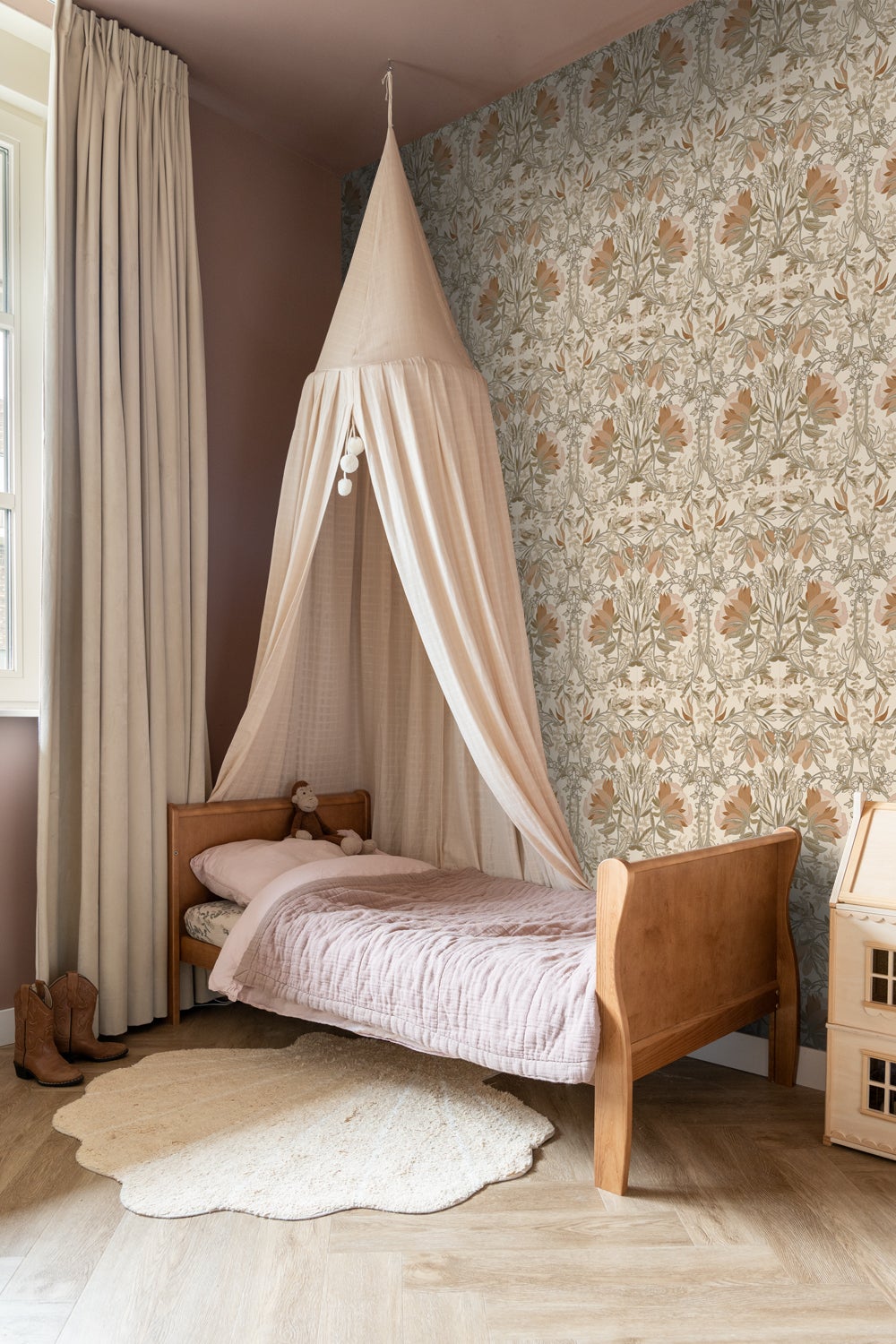 Papier peint fleurs vintage de style art nouveau beige clair et vieux rose - 53 cm x 10.05 m - ESTAhome - 5