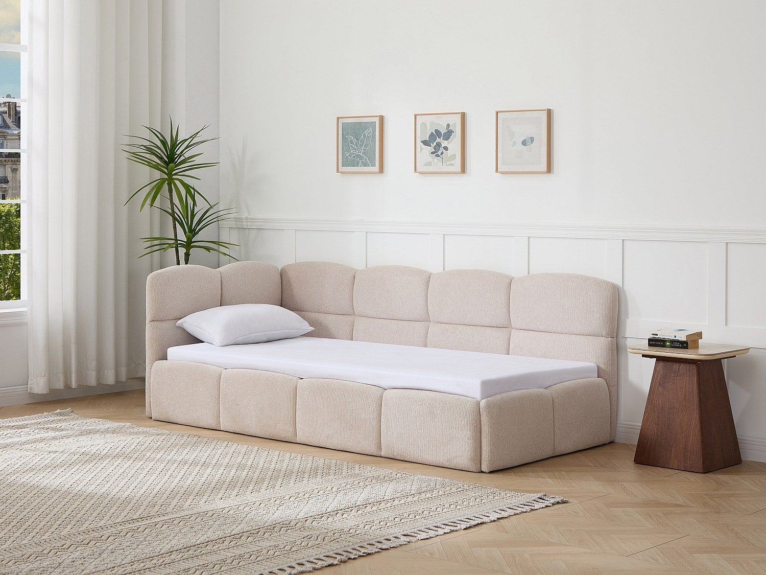 Łóżko wysuwane 2 x 80 x 200 cm – Z listwowym stelażem – Teksturowana tkanina – Beżowy – PLURANIO