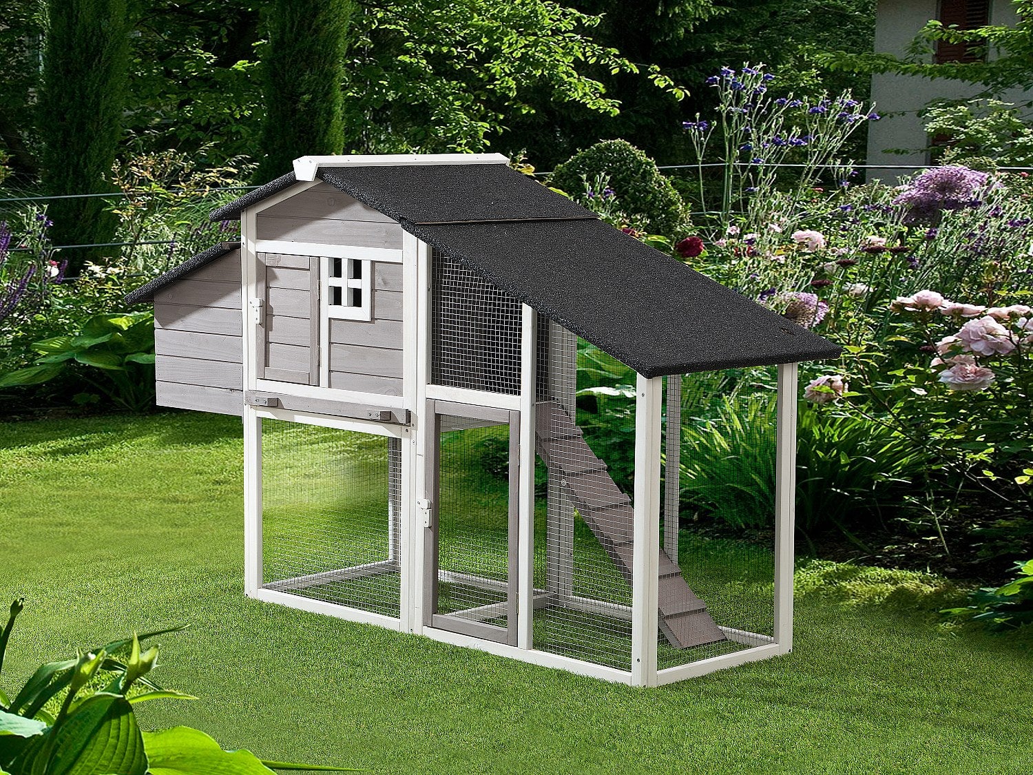 Kurnik drewniany z wybiegiem - 4 kury - dł. 173 x szer. 64 x wys. 108 cm - Biały i szary - LEVAS