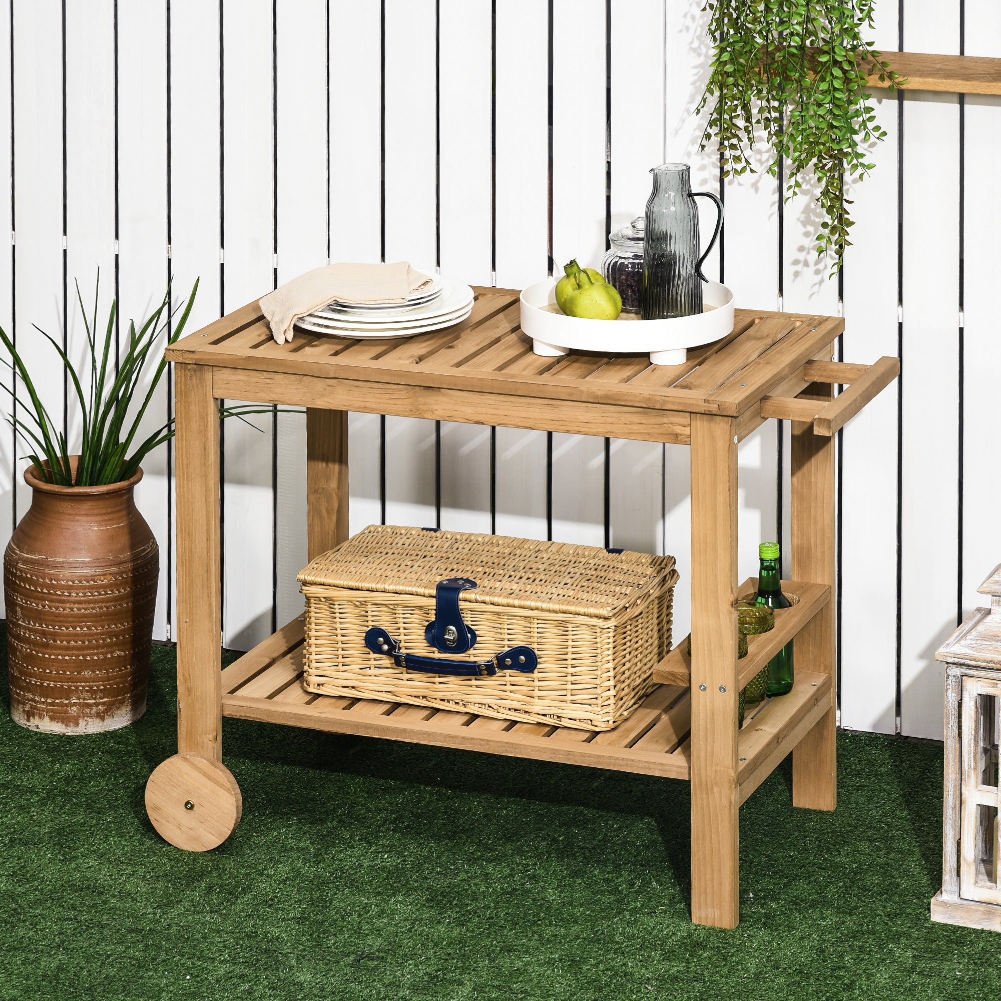 Desserte de jardin chariot pour plancha barbecue en bois avec poignée 2 plateaux et porte-bouteilles 95 x 47 x 74 cm - 3