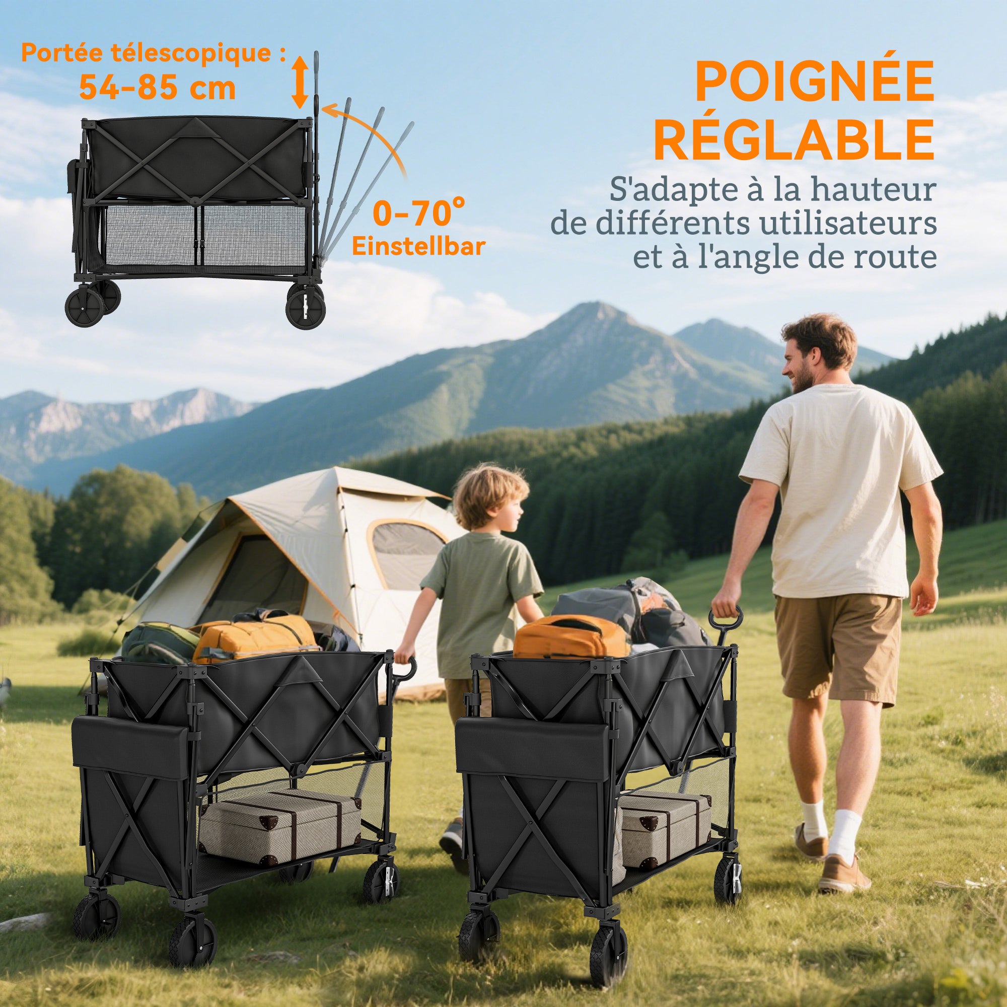 Chariot de jardin - Outsunny - pliable - 350L charge max 200 kg - deux étages - avec roues tout terrain - pour extérieur - noir - 7