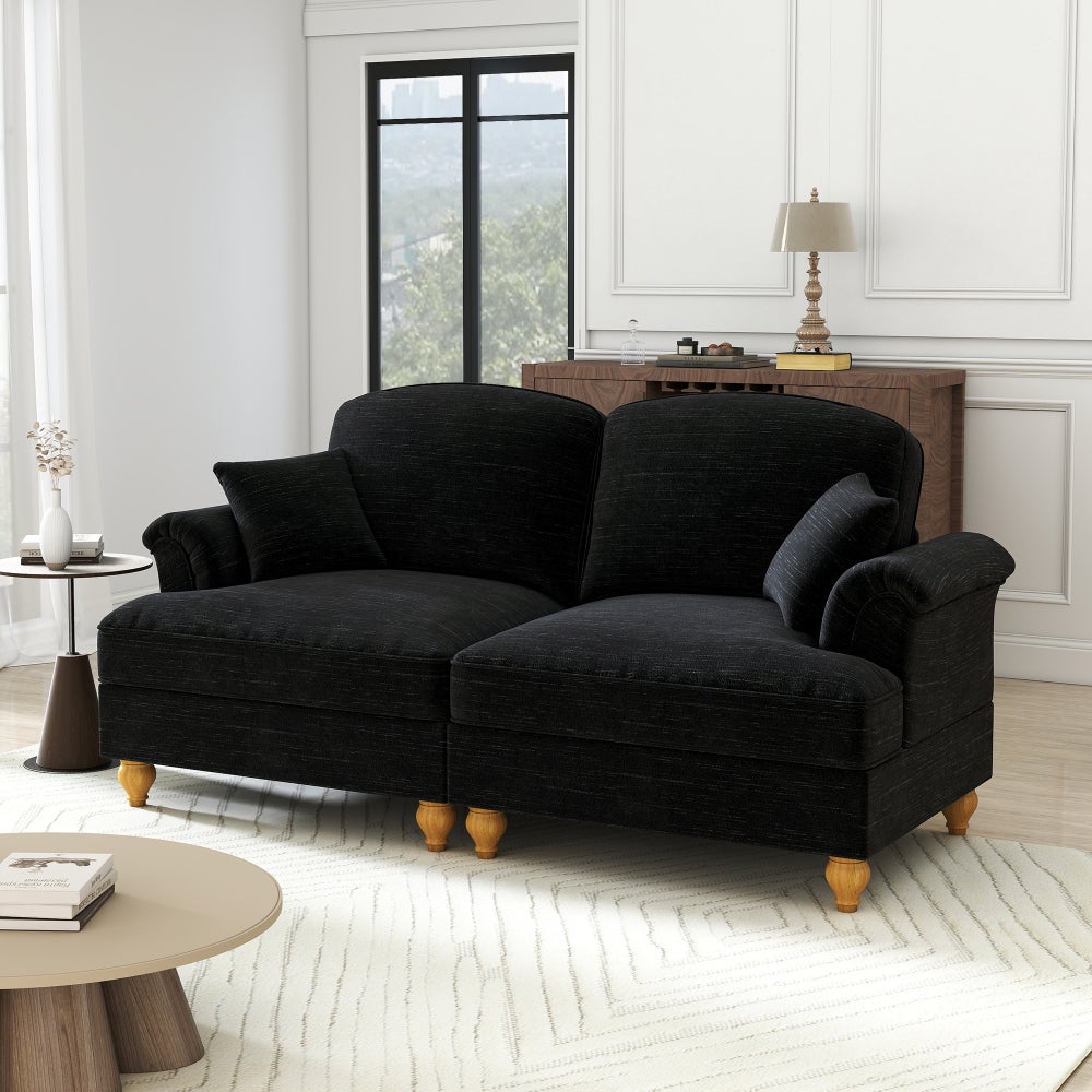 Sofa z połowy XX wieku, 2-osobowa, duża, z tkaniny szenilowej, z rozszerzanymi podłokietnikami, czarna