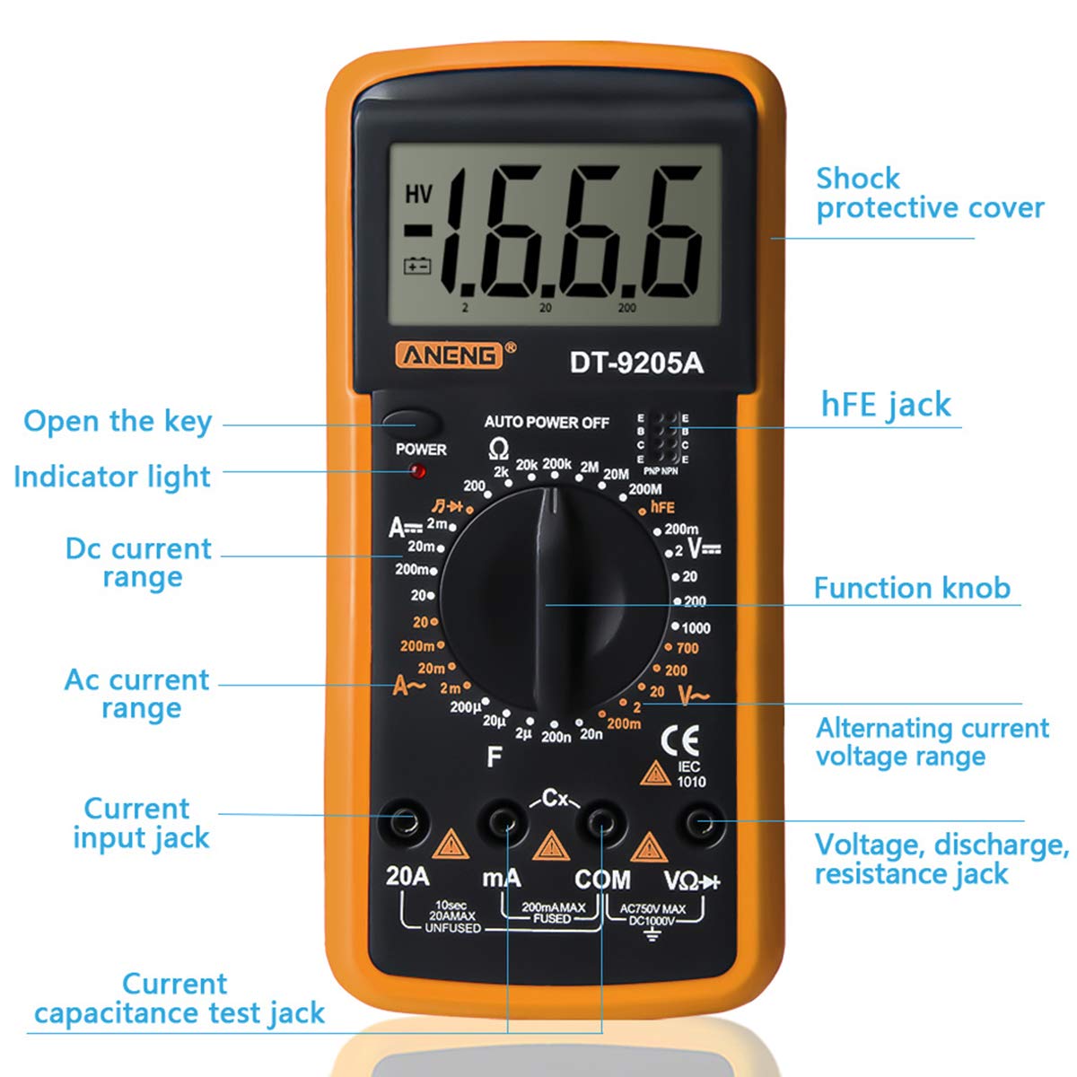 Multimètre Compact DT-9205A - Voltmètre AC/DC, Ampèremètre, Ohm, Testeur Hz - Idéal pour Électriciens - 3