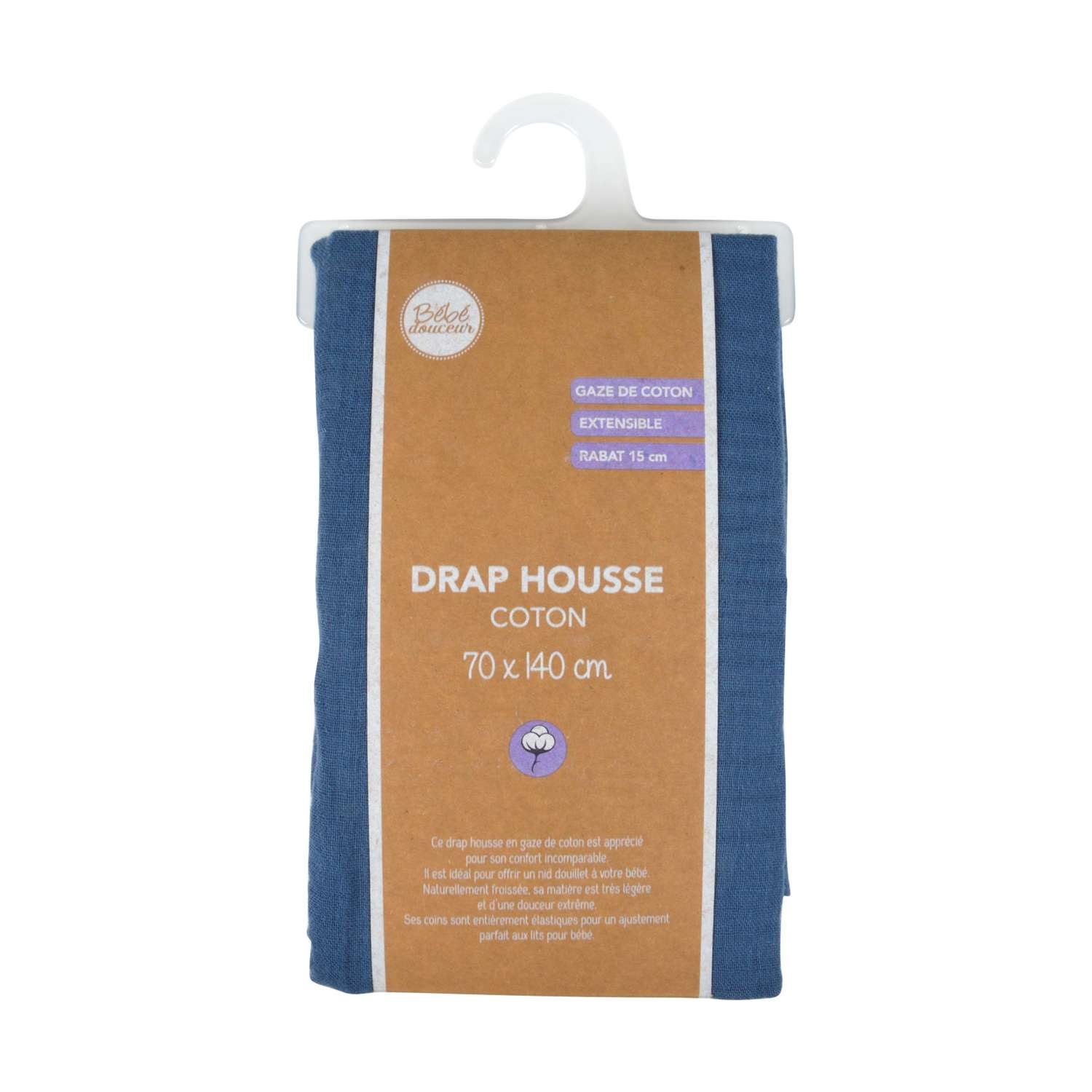Drap housse en gaze de coton - 100% Coton - 70 x 140 cm - Bleu foncé - 2