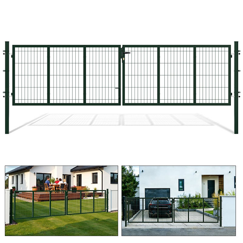 Podwójna furtka ogrodowa 350 x 100 cm ze stali ocynkowanej w kolorze zielonym – furtka z siatką – z zamkiem i klamką – otwierana w obie strony