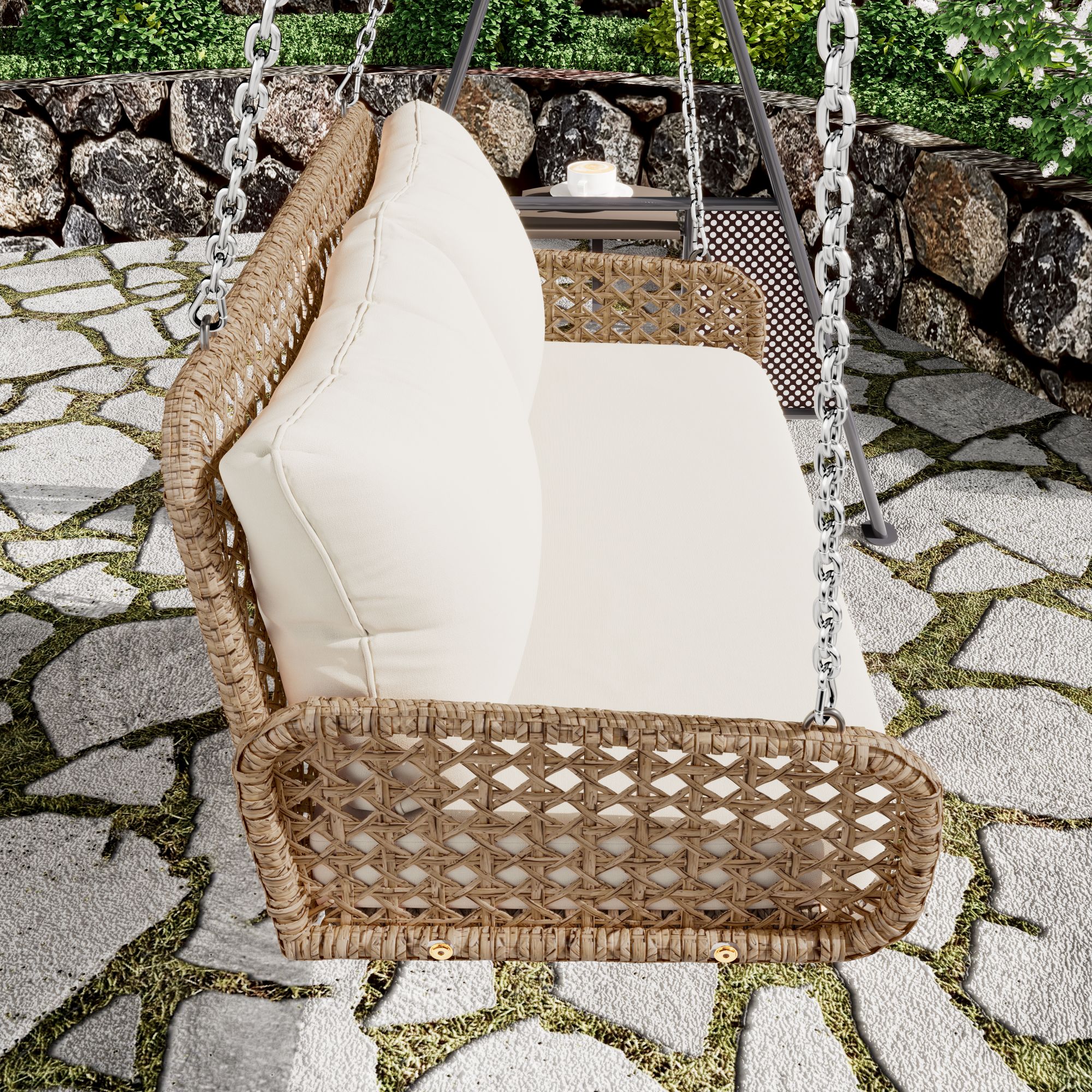 Balancelle de jardin 2 places en rotin PE, Balançoire de jardin - avec coussins et 2 chaînes - 112 x 54 x 48 cm - Beige - 4