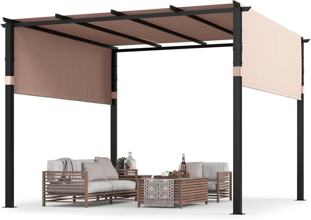 Pergola a Tetto Piatto, Pergola da Esterno 305 x 305 cm con Tettuccio Retrattile e Struttura in Metallo Robusta, Gazebo per Barbecue (Beige)