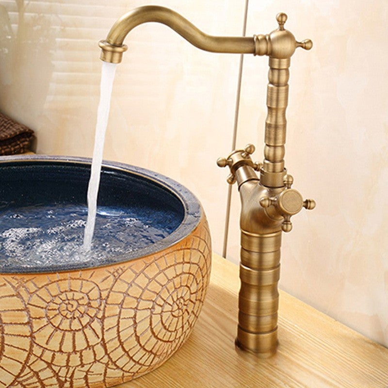 Bateria z mosiądzu antycznego, podwójny uchwyt do ciepłej i zimnej wody, do umywalki lub baru, bateria szczotkowana ręcznie, model o wysokości 37,5 cm