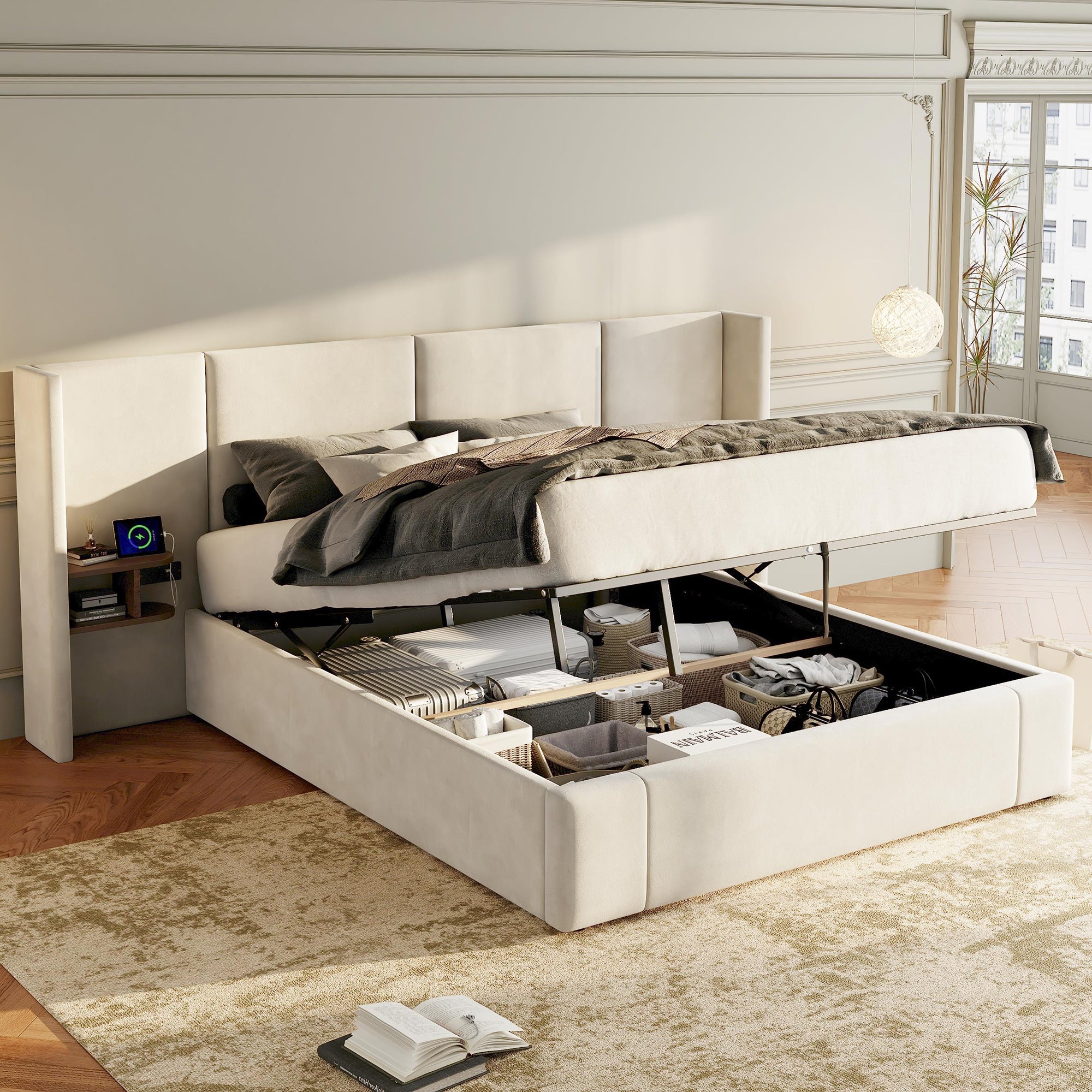 Cama arrumação 160 x 200 cm com cabeceira grande - 2 mesas de cabeceira e porta USB - Veludo - Bege (sem colchão) - 2