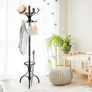 Porte-Manteau sur Pieds avec Support Parapluie, 2 Niveaux, 12 Crochets, Support Manteau en Bois, Hauteur 182CM pour Entrée, Salon (Noir)