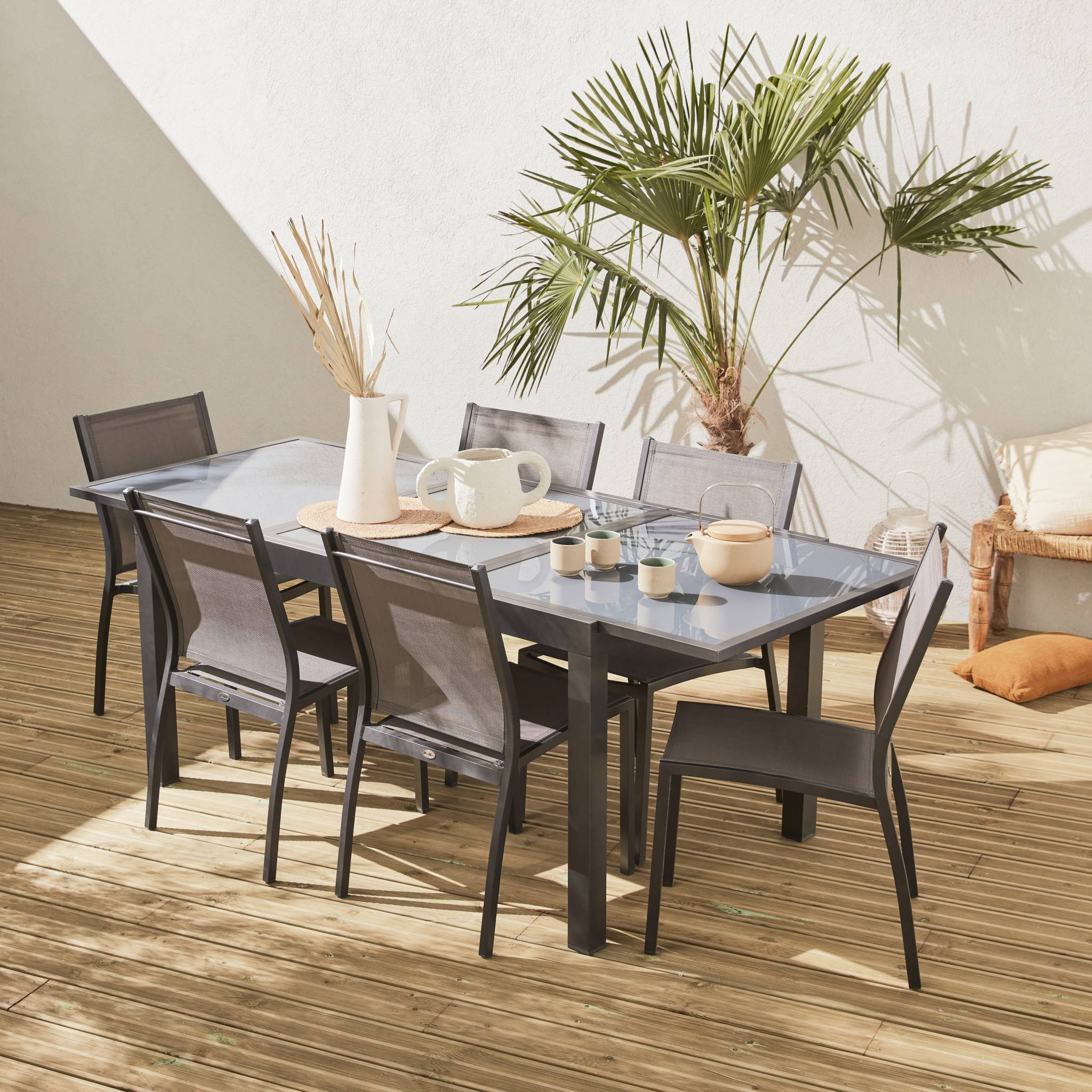 Table de jardin extensible aluminium + 6 assises - Orlando Gris taupe - Table en aluminium 150/210cm. plateau de verre. rallonge et 6 chaises en - 7