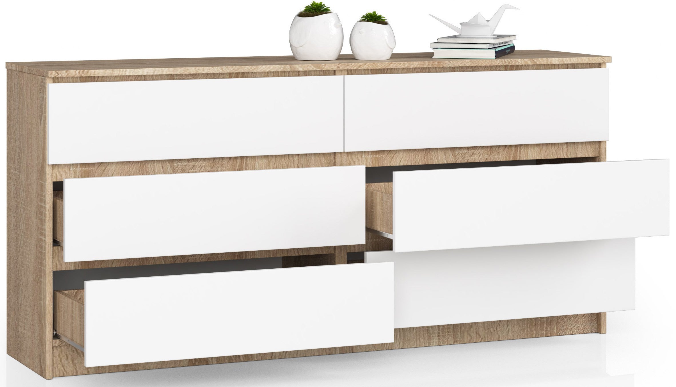 Grande Commode pour le salon AKORD K160 Chêne Sonoma 160 cm 6 tiroirs façade Blanche 160x40x77 cm - 2