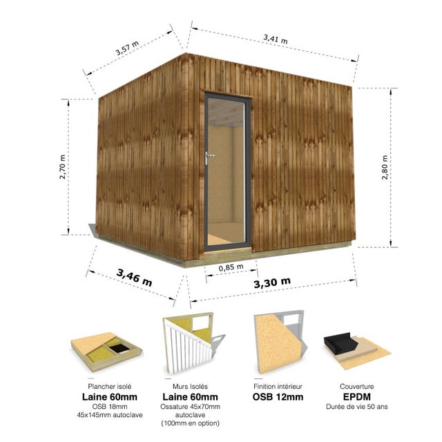 STUDIO DE JARDIN / 11,8 m2 - 3,35 x 3,52m / Plancher isolé / Bardage Brun / Intérieur OSB / Livraison Gratuite