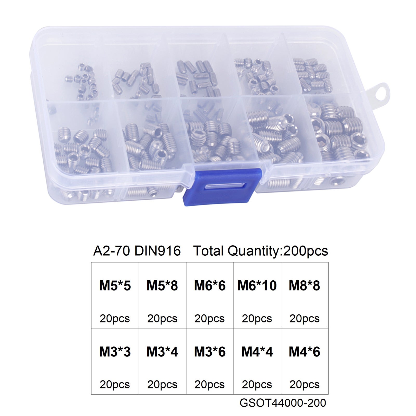 Assortiment de 200 vis sans tête à six pans creux M3 à M8, inox, kit multi-tailles pour bricolage, mécanique et usage industriel - 3