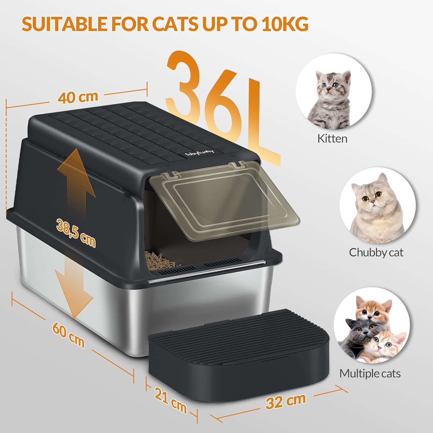 Caixa de areia para gatos em aço inoxidável com tampa, tabuleiro para areia para gatos, com pá e degrau, tampa articulada a 120°, preta. - 8