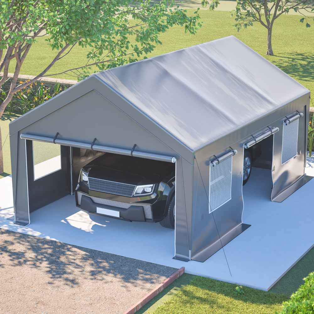 Tente Garage Tout-Temps 6x4x3m - Structure en Acier, Baches Latérales Étanches, Fenêtres Coulissantes, Gris - 8