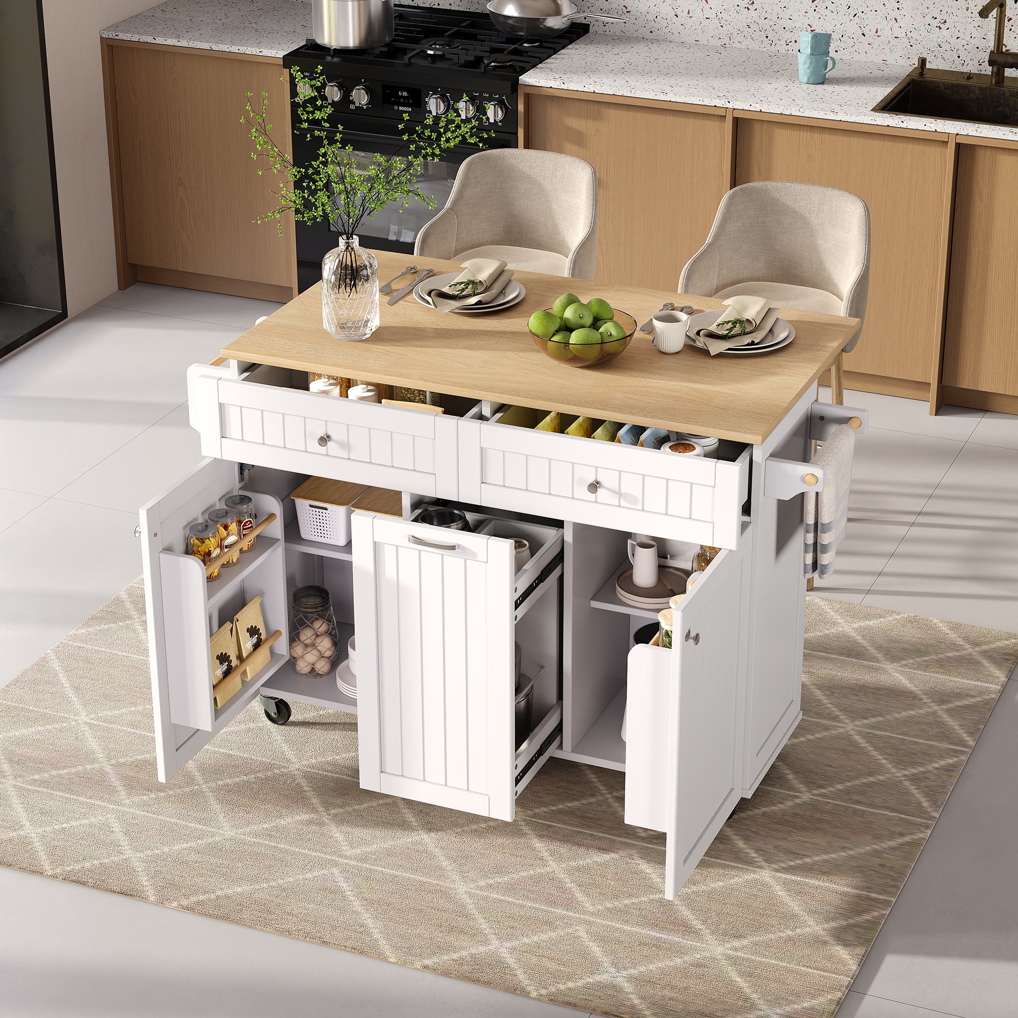 Mobilna wyspa kuchenna z 3 drzwiami i 2 szufladami - 140 x 40/70 x 92 cm - MDF - Wysuwany blat - Biały + naturalny