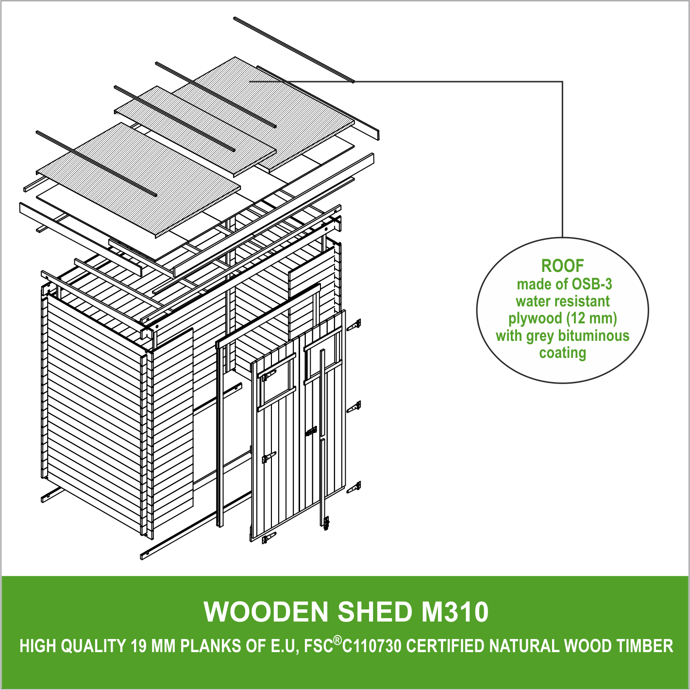 Abri de jardin en bois - Stockage extérieur l239xL142xH200cm/2.63 m2 - Petit abri à outils, Local à vélos - Toit imperméable, fenêtres - TIMBELA M310 - 4