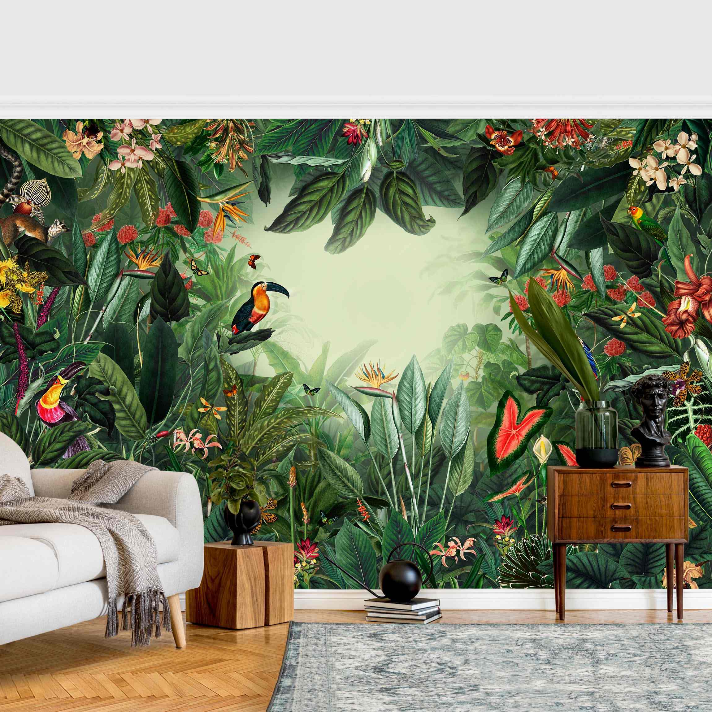 Papel pintado fotomural bosque flores vintage tropical arte selva 351 - salón dormitorio cocina pasillo - tnt 432 x 290 cm premium