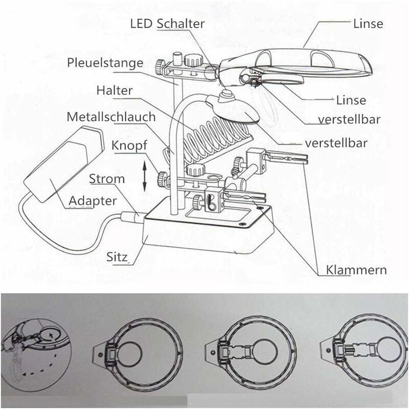 Terzamano con supporti e lente di ingrandimento a led per saldatura