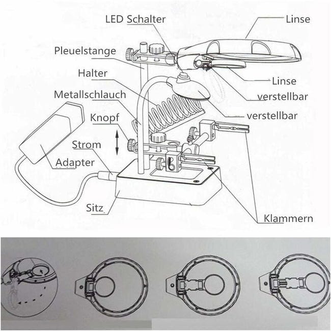 Terzamano con supporti e lente di ingrandimento a led per saldatura Terzamano con supporti e lente di ingrandimento a led per saldatura